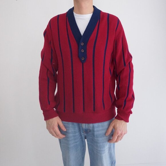 Vintage '60s Kambern Maroon Navy 100% Wool Eclectic Grandpa Preppy Sweater Large - Picture 1 of 11